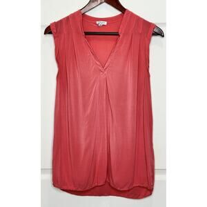 Splendid Womens Coral V-Neck Sleeveless Blouse Solid Pleated Pullover Top Sz L